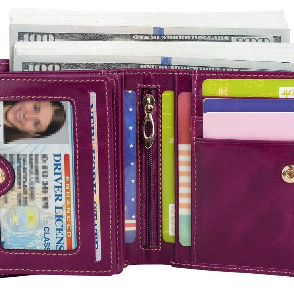 WOMENS PURPLE TRI-FOLD LEATHER WALLET,  ID WINDOW, 13 CARD SLOTS